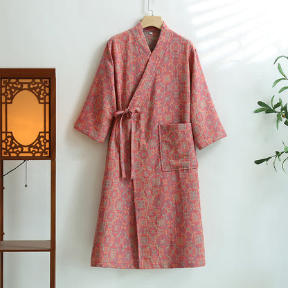 Peignoir en gaze de coton à motif floral vintage et poches - Rose - XL - image 1