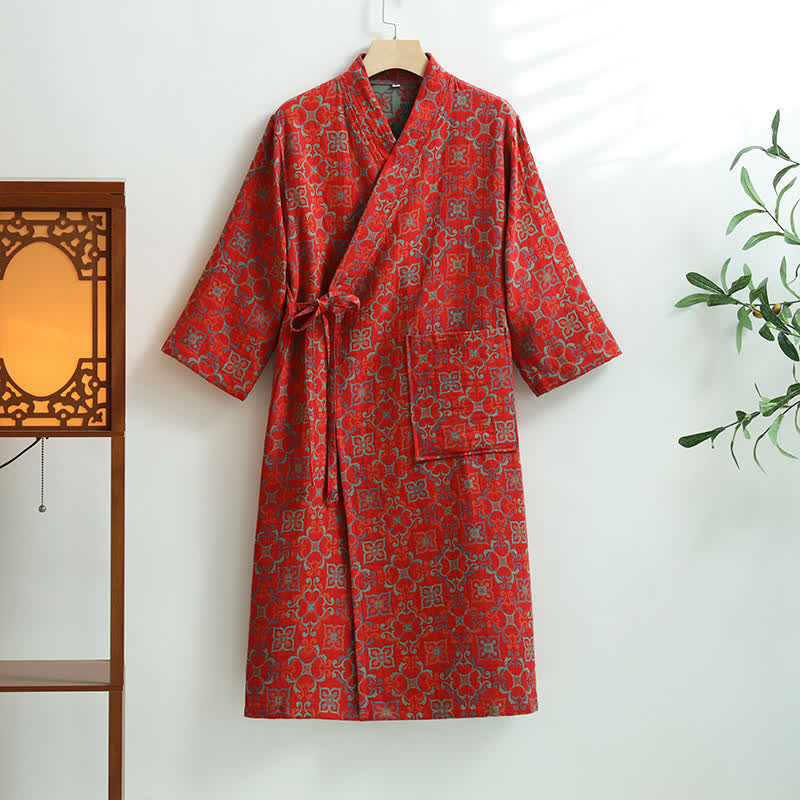 Peignoir en gaze de coton à motif floral vintage et poches - Rouge - XL - image 6