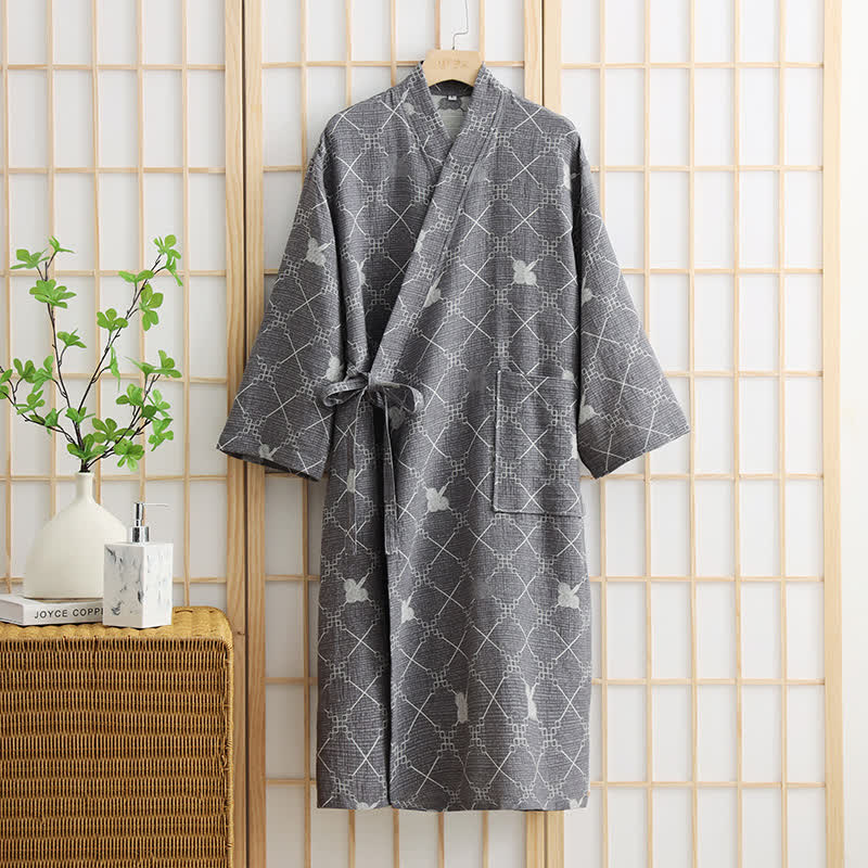 Peignoir unisexe en coton avec poches et motif losanges - Gris - XL - image 1
