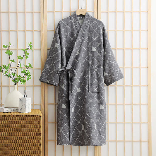 Peignoir unisexe en coton avec poches et motif losanges - Gris - XL - image 1