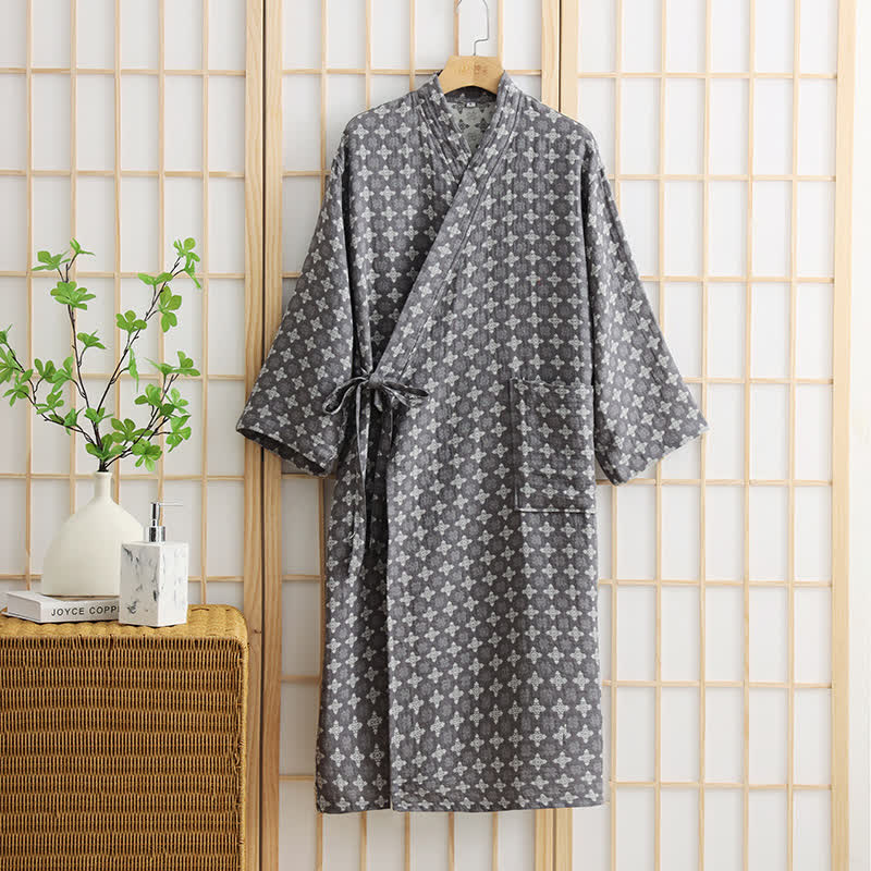 Peignoir unisexe en coton à motif géométrique et poche - Gris - XL - image 6