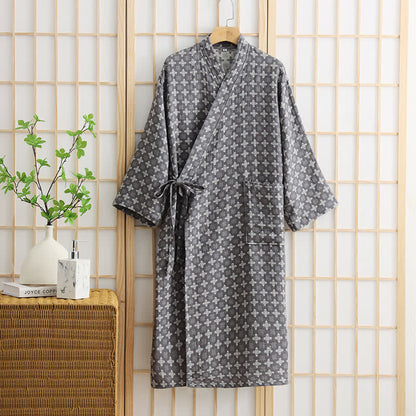Peignoir unisexe en coton à motif géométrique et poche - Gris - XL - image 6