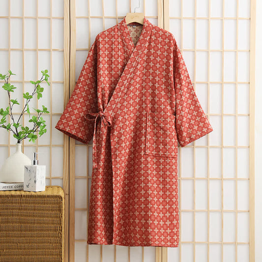 Peignoir unisexe en coton à motif géométrique et poche - Rouge - XL - image 1