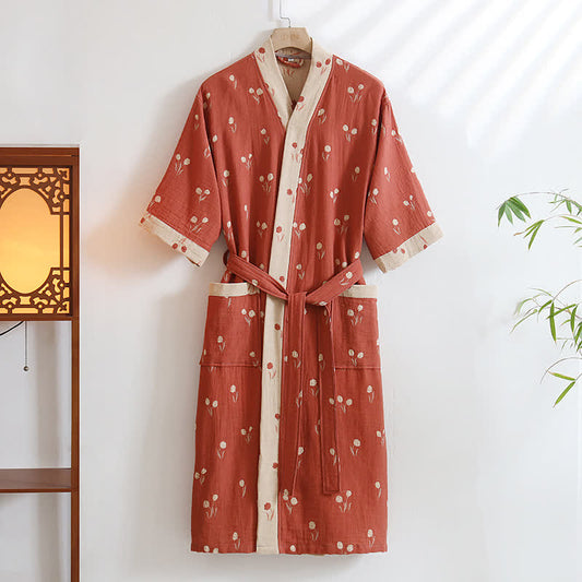 Peignoir kimono unisexe en coton avec motif tulipe et poche - Rose - XL - image 1