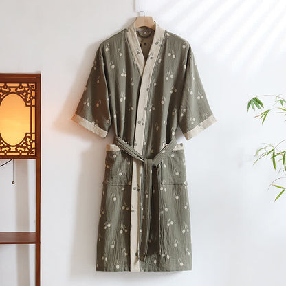 Peignoir kimono unisexe en coton avec motif tulipe et poche - Vert - XL - image 3