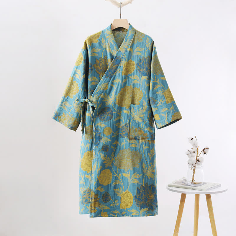Peignoir en gaze de coton à motif pivoine verte - XL - image 1