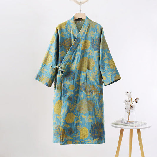 Peignoir en gaze de coton à motif pivoine verte - XL - image 1
