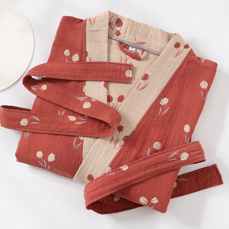 Peignoir kimono unisexe en coton avec motif tulipe et poche - image 2