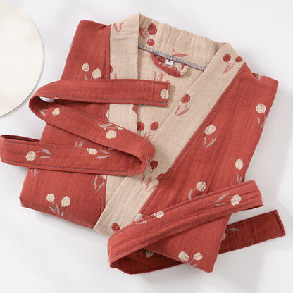 Peignoir kimono unisexe en coton avec motif tulipe et poche - image 2