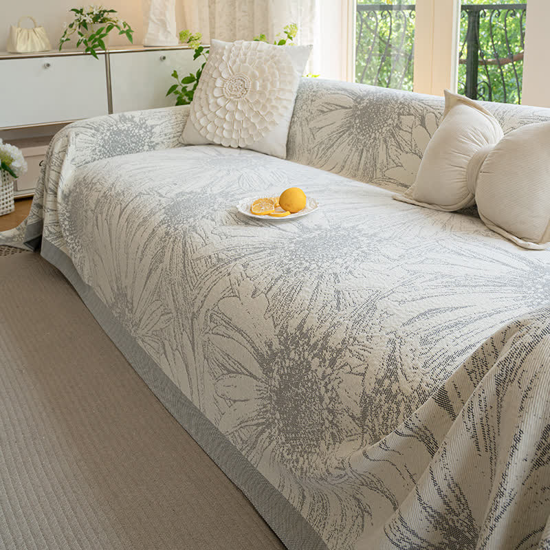 Couverture de canapé en chenille artistique avec motif tournesol - Gris - 180cm x 340cm - image 5