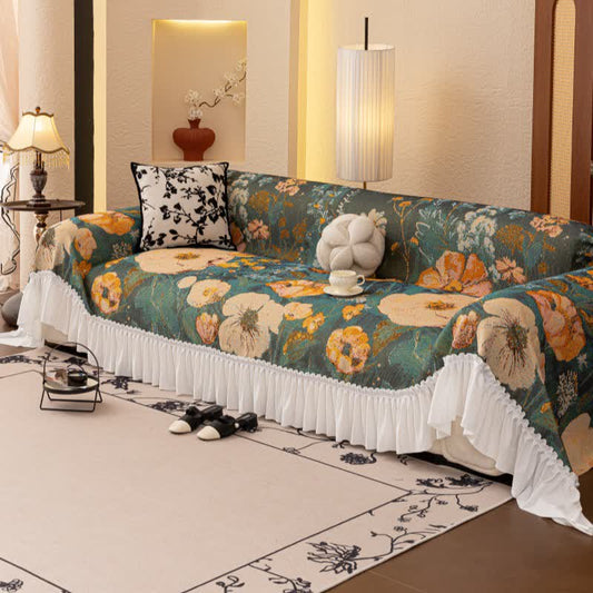 Couverture de canapé jaune à motif floral et volants - 200 cm x 340 cm - image 1