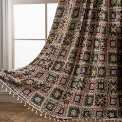 Rideau jacquard carré géométrique de style rétro - passe-tringle - Beige - 150cm x 260cm - image 1