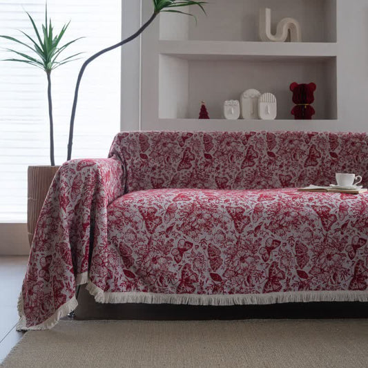 Couverture de canapé rouge avec motif papillon et fleur - 180cm x 340cm - image 1