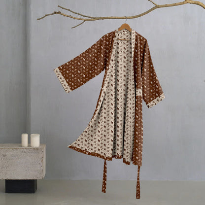Peignoir kimono bicolore en gaze de coton ginkgo - Café et beige - XL - image 21