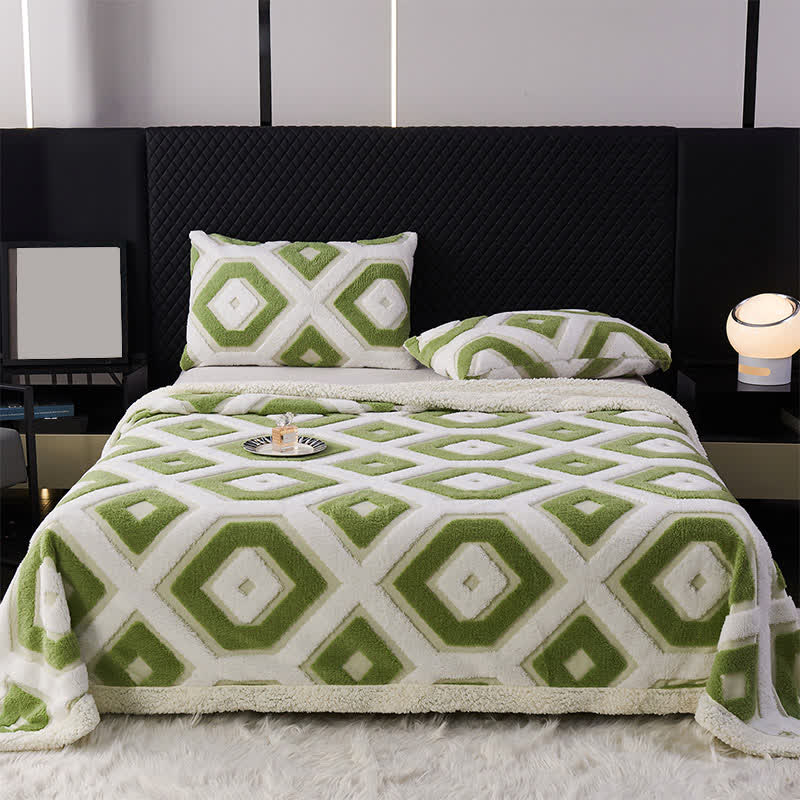 Couverture Sherpa Jacquard à motif géométrique - Vert - 200cm x 230cm - image 1