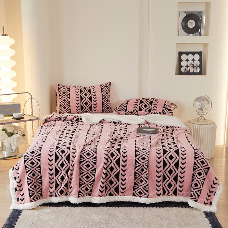 Couverture jacquard chaude à motif losanges rayés - Rose - 200cm x 230cm - image 1