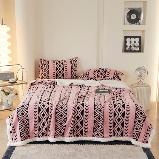 Couverture jacquard chaude à motif losanges rayés - Rose - 200cm x 230cm - image 1