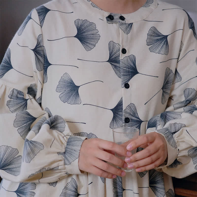 Chemise de nuit boutonnée en coton brossé avec feuilles de ginkgo - image 6