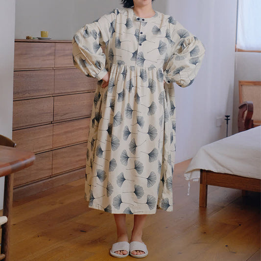 Chemise de nuit boutonnée en coton brossé avec feuilles de ginkgo - L - image 0
