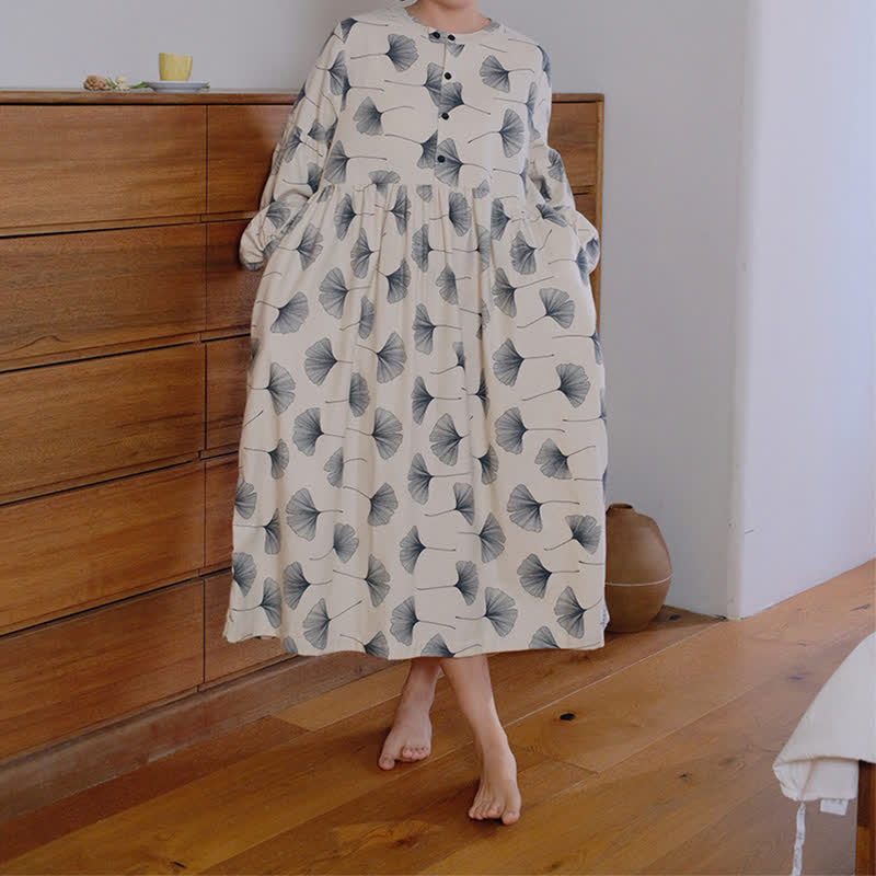 Chemise de nuit boutonnée en coton brossé avec feuilles de ginkgo - image 2