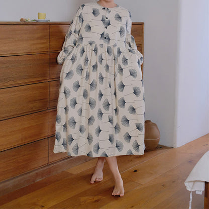 Chemise de nuit boutonnée en coton brossé avec feuilles de ginkgo - image 2