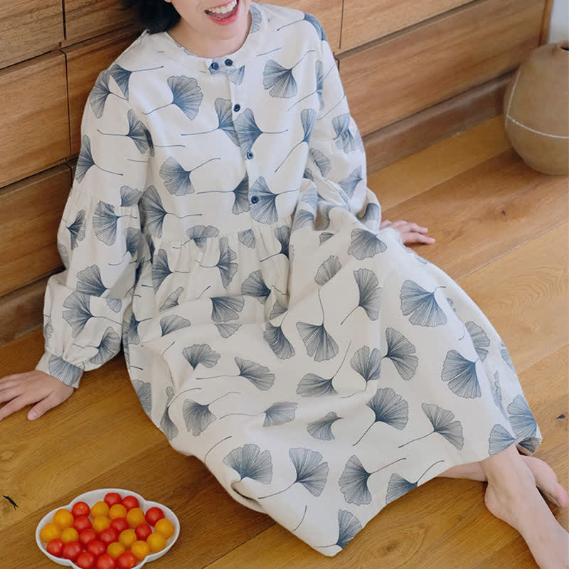 Chemise de nuit boutonnée en coton brossé avec feuilles de ginkgo - image 1