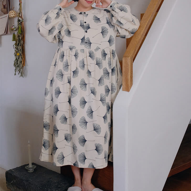 Chemise de nuit boutonnée en coton brossé avec feuilles de ginkgo - image 3
