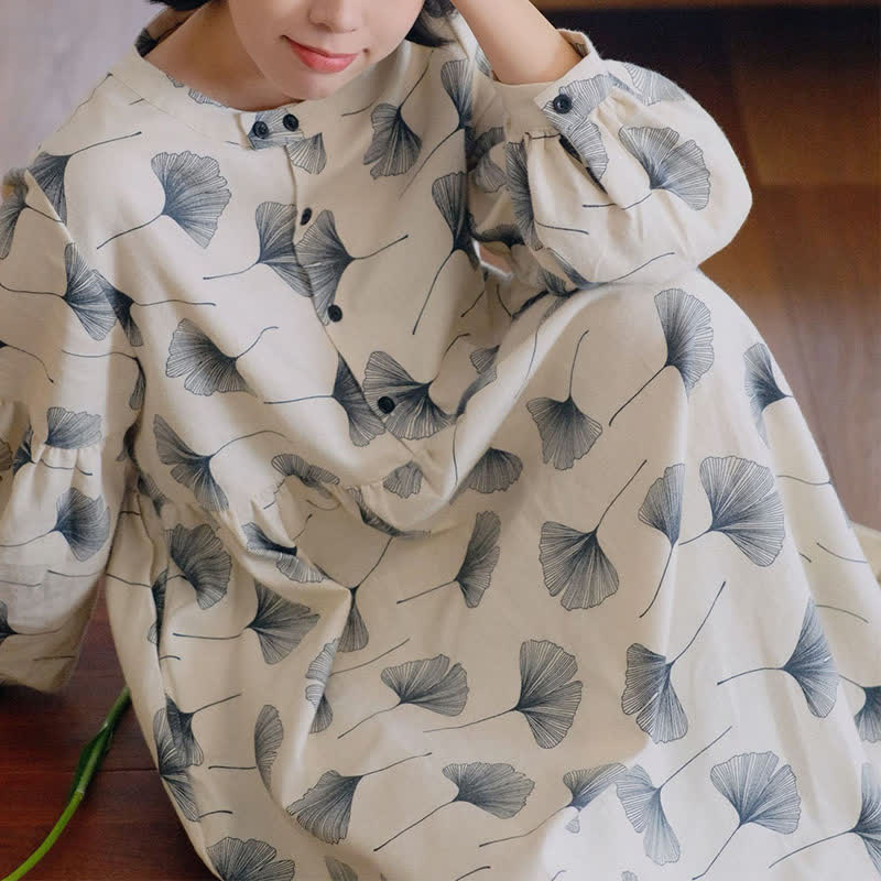 Chemise de nuit boutonnée en coton brossé avec feuilles de ginkgo - image 7