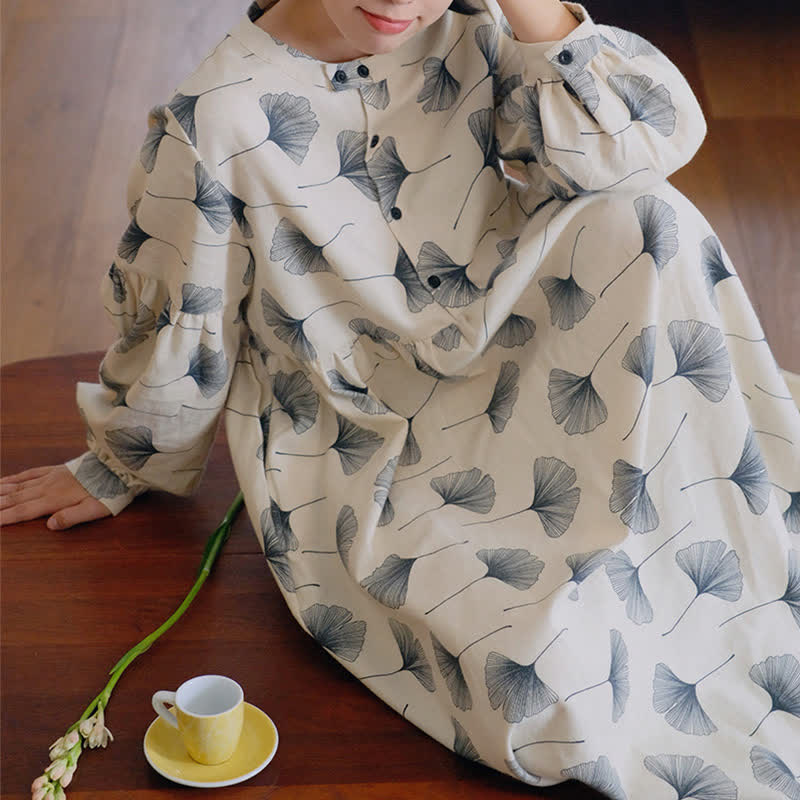 Chemise de nuit boutonnée en coton brossé avec feuilles de ginkgo - image 5