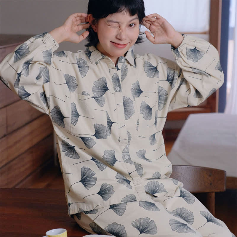 Ensemble pyjama en coton brossé avec feuilles de ginkgo - image 4