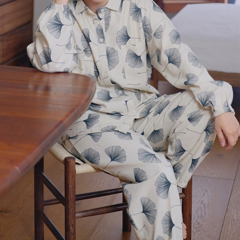 Ensemble pyjama en coton brossé avec feuilles de ginkgo - image 3