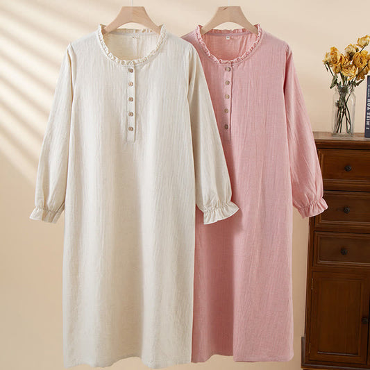 Chemise de nuit simple en coton et lin avec volants et boutons - image 0
