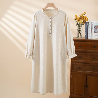 Chemise de nuit simple en coton et lin avec volants et boutons - Beige - XL - image 2