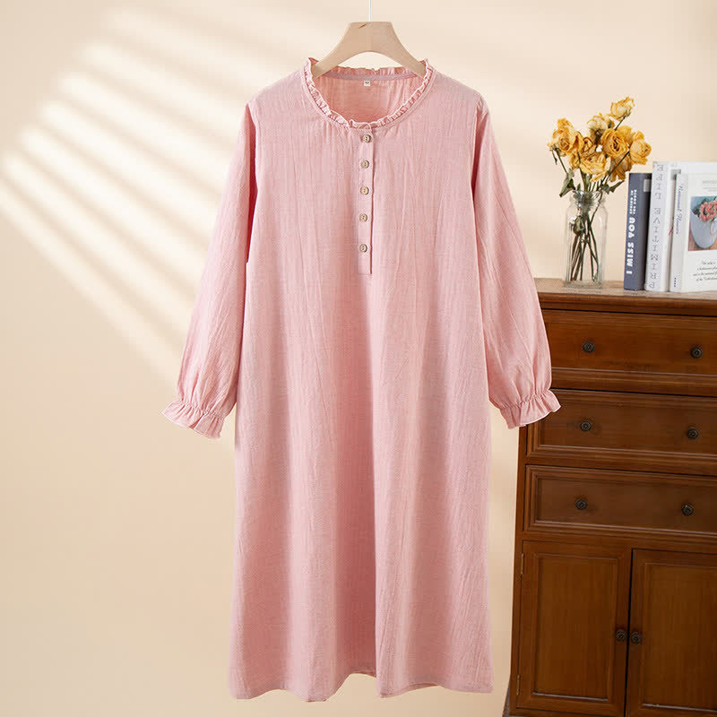 Chemise de nuit simple en coton et lin avec volants et boutons - Rose - XL - image 3