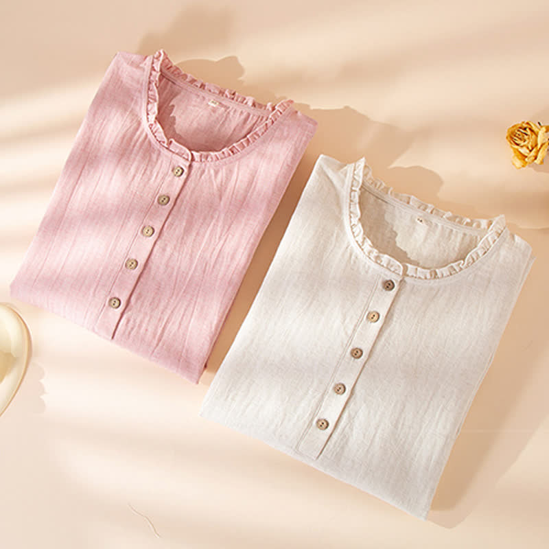 Chemise de nuit simple en coton et lin avec volants et boutons - image 1
