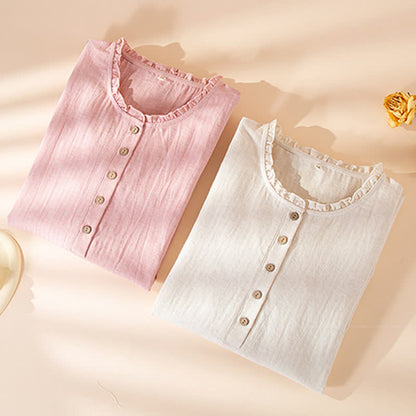 Chemise de nuit simple en coton et lin avec volants et boutons - image 1