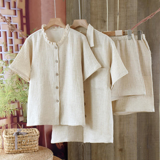 Ensembles de pyjamas minimalistes en coton et lin assortis - image 0