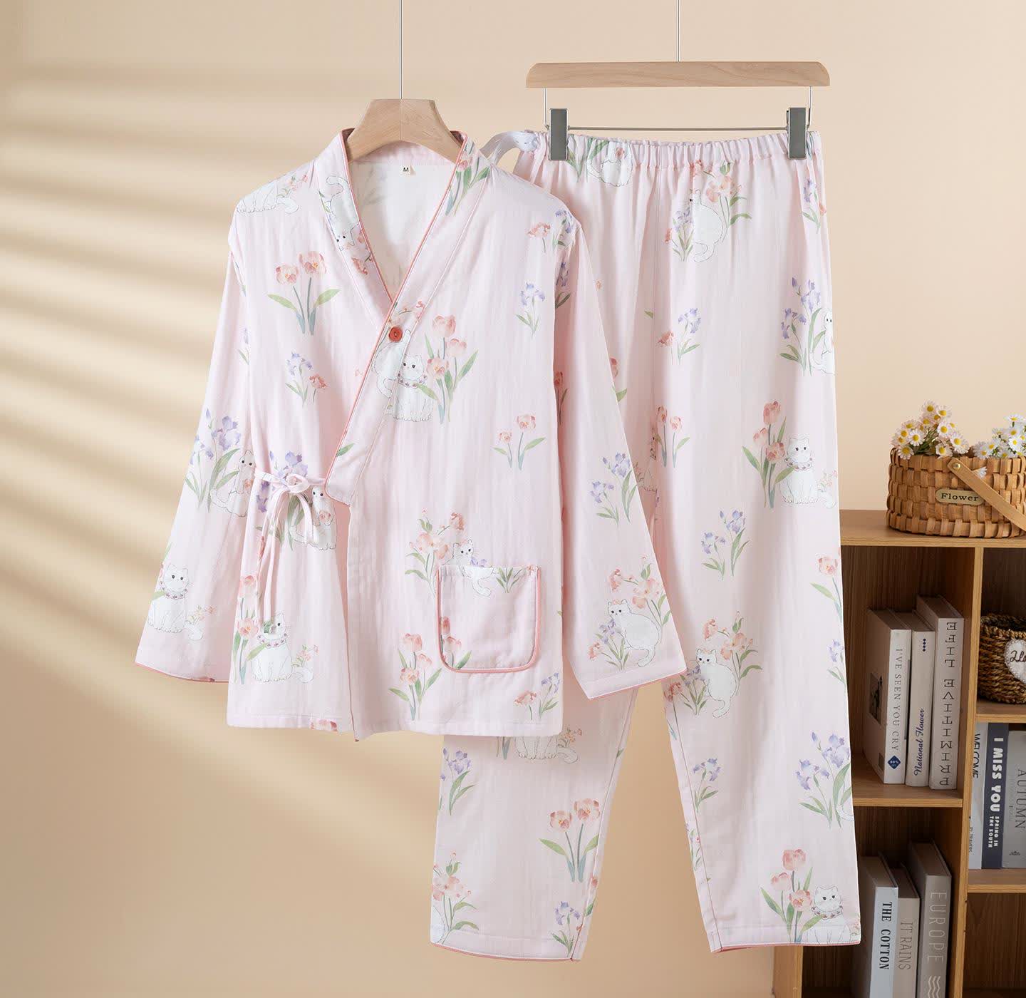 Pyjama kimono en gaze de coton à motif floral et chat - Rose - 2XL - image 2