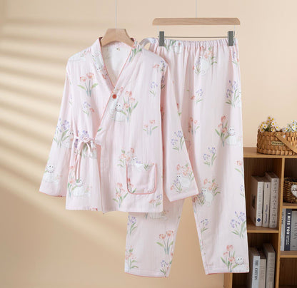 Pyjama kimono en gaze de coton à motif floral et chat - Rose - 2XL - image 2