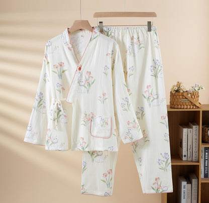 Pyjama kimono en gaze de coton à motif floral et chat - Beige - 2XL - image 3