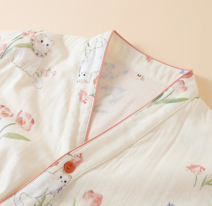 Pyjama kimono en gaze de coton à motif floral et chat - image 4