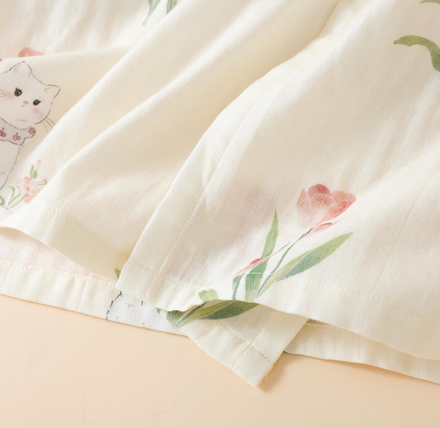 Pyjama kimono en gaze de coton à motif floral et chat - image 5