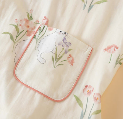 Pyjama kimono en gaze de coton à motif floral et chat - image 6