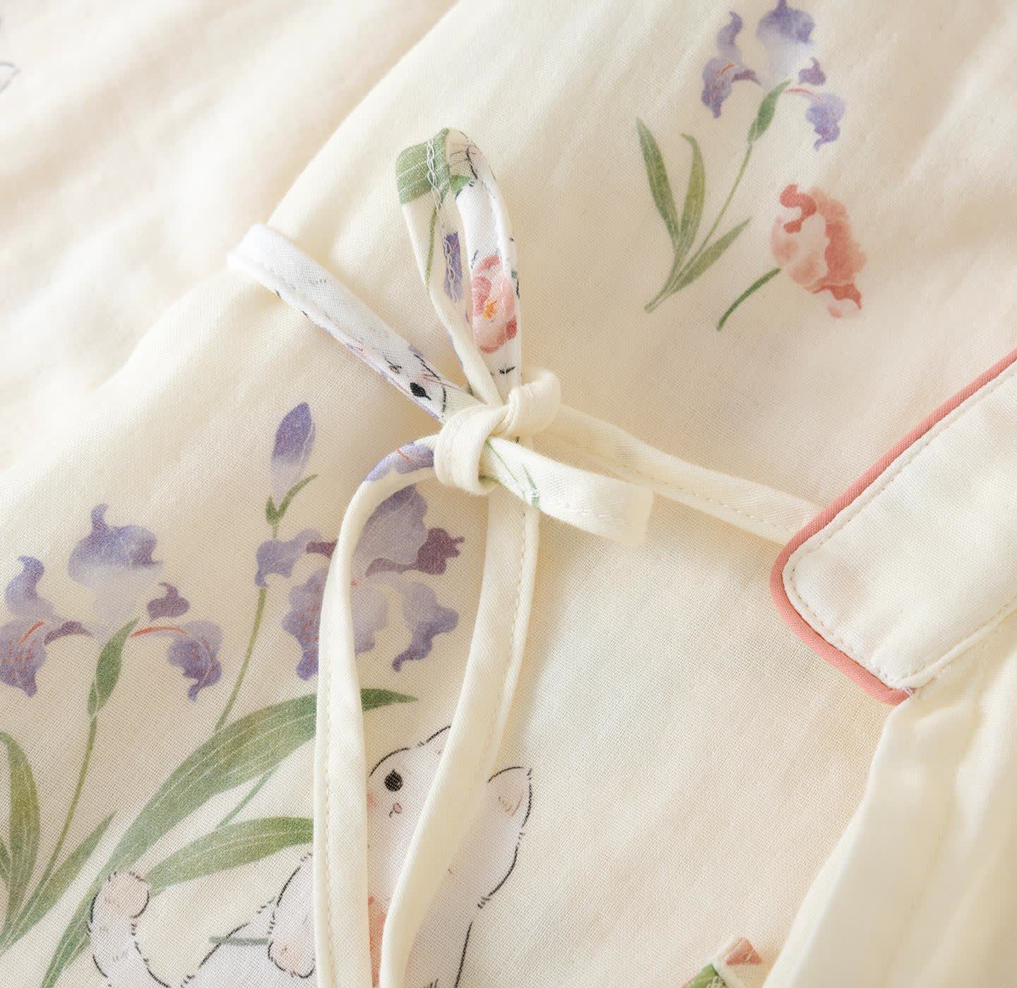 Pyjama kimono en gaze de coton à motif floral et chat - image 7