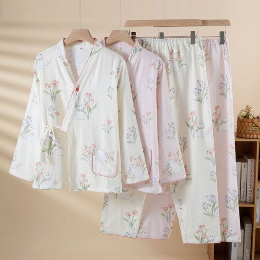 Pyjama kimono en gaze de coton à motif floral et chat - image 0