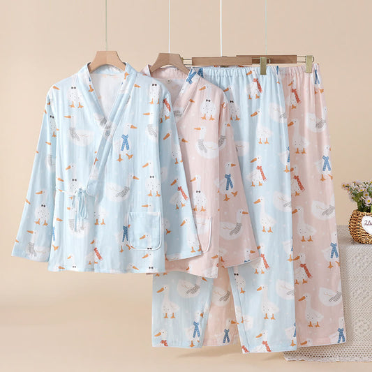 Pyjama kimono en gaze de coton avec oie de dessin animé - image 0