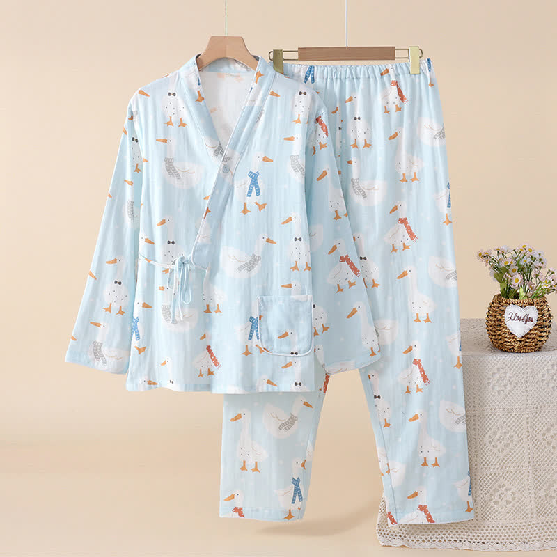 Pyjama kimono en gaze de coton avec oie de dessin animé - Bleu - 2XL - image 3