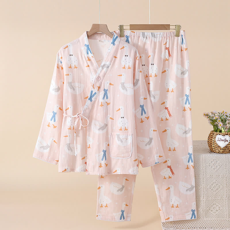 Pyjama kimono en gaze de coton avec oie de dessin animé - Rose - 2XL - image 2