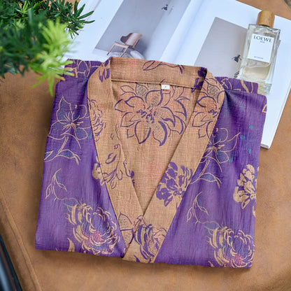 Peignoir kimono bicolore en gaze de coton à motif pivoine - image 2