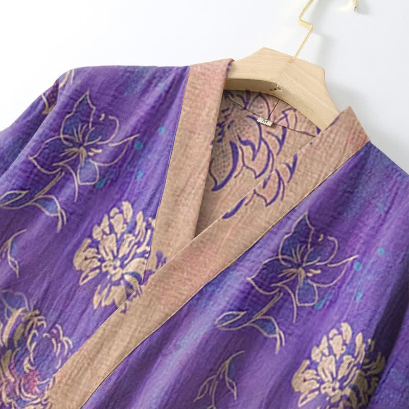 Peignoir kimono bicolore en gaze de coton à motif pivoine - image 3